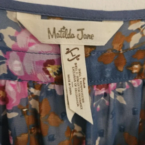 Matilda Jane Floral Flutter Twirl Dress L Women Balloon Sleeve Swiss Dot Midi Bl - Picture 5 of 11